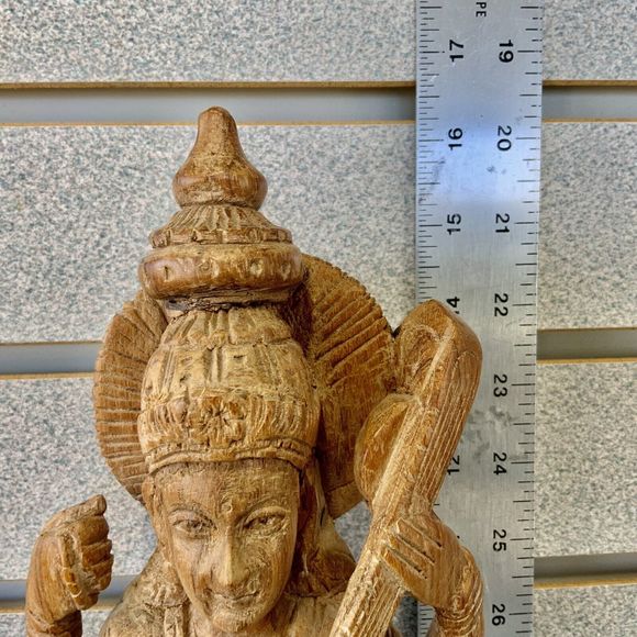 💥 Vtg Goddess Saraswati Sarasvati 💥Carved Wood Mid 20th C. ~ 16.5" Statue 💥 - Picture 12 of 13